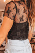 Black Floral Sheer Mesh Short Sleeve Mock Neck Blouse
